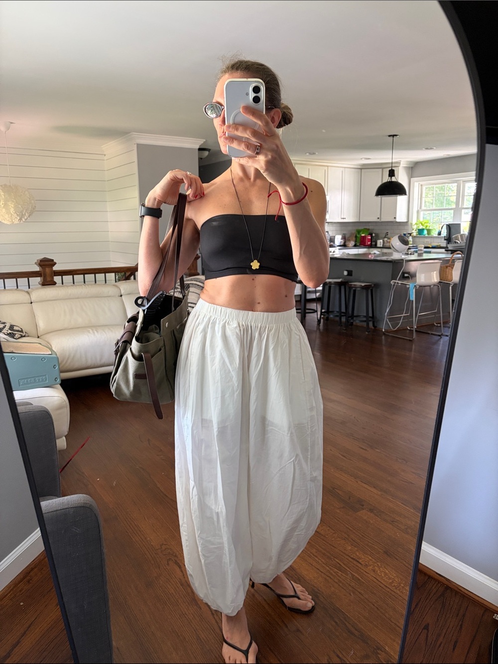 Lightweight White Elastic-Waist Harem Pants